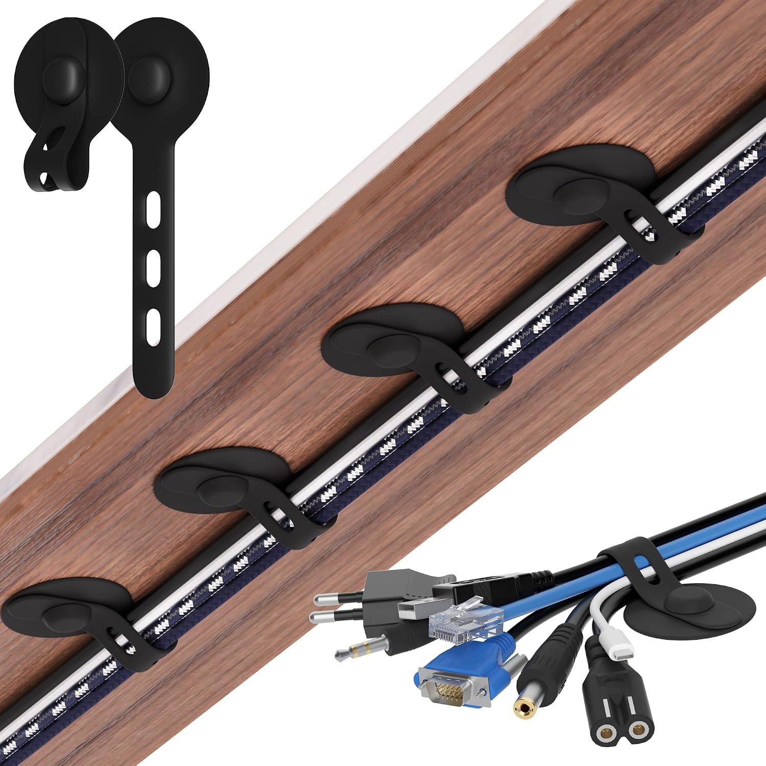 Under Desk Cable Management - 10 Pack Adhesive Cable Ties in Black