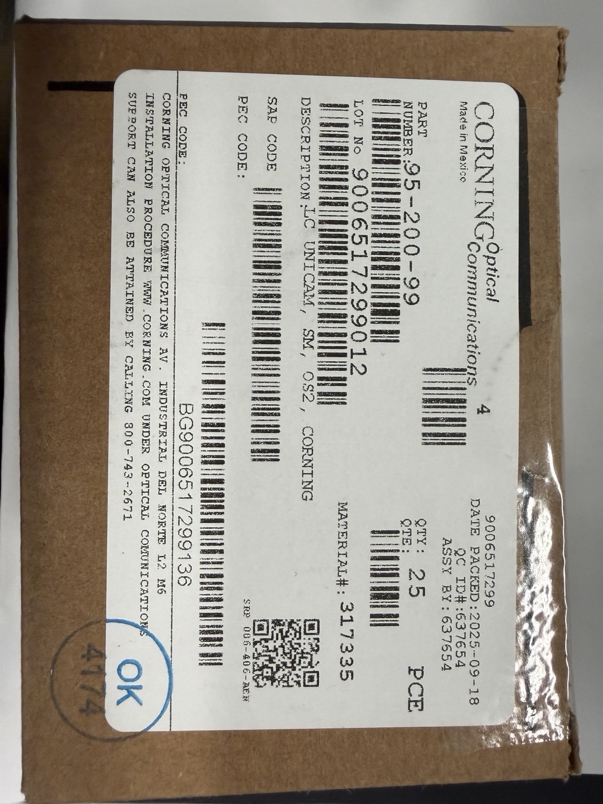 Corning Unicam LC OS2 SM Pretium Fiber Optic Connector 95-200-99 25 Connectors