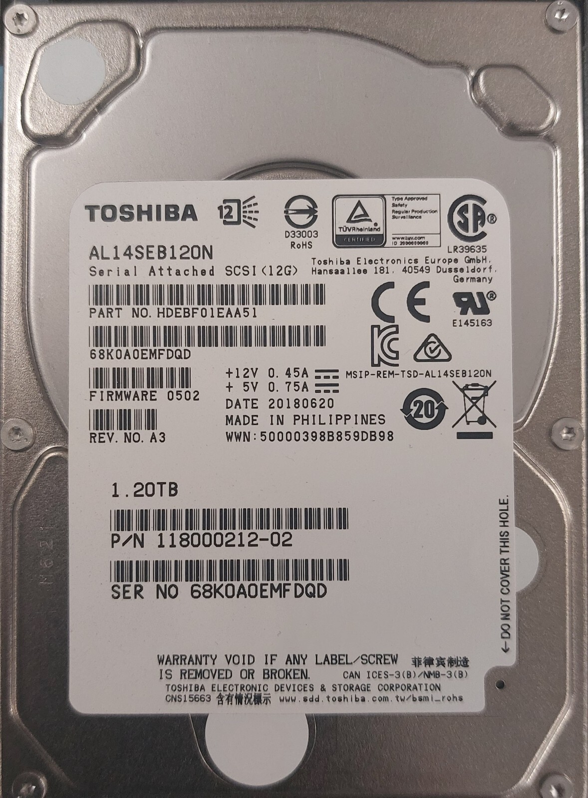 TOSHIBA AL14SEB120N 1.2TB 2.5" SFF 10K RPM 12Gb/s SAS ENTERPRISE GRADE 24/7 HDD