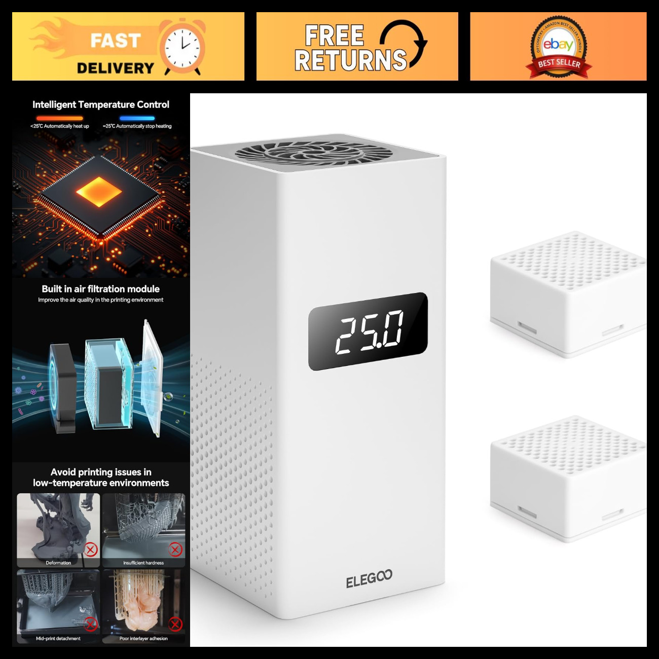 Mini Heater for Resin 3D Printer - PTC Heating, Odor Filtering, Compact Design