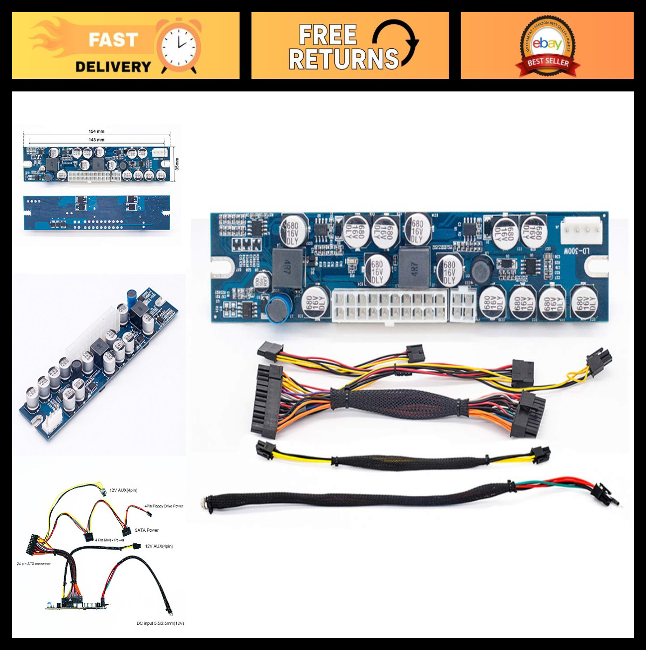 300W DC to DC ATX PSU 12V Mini ITX Power Supply - 24pin Pico Switch for PC