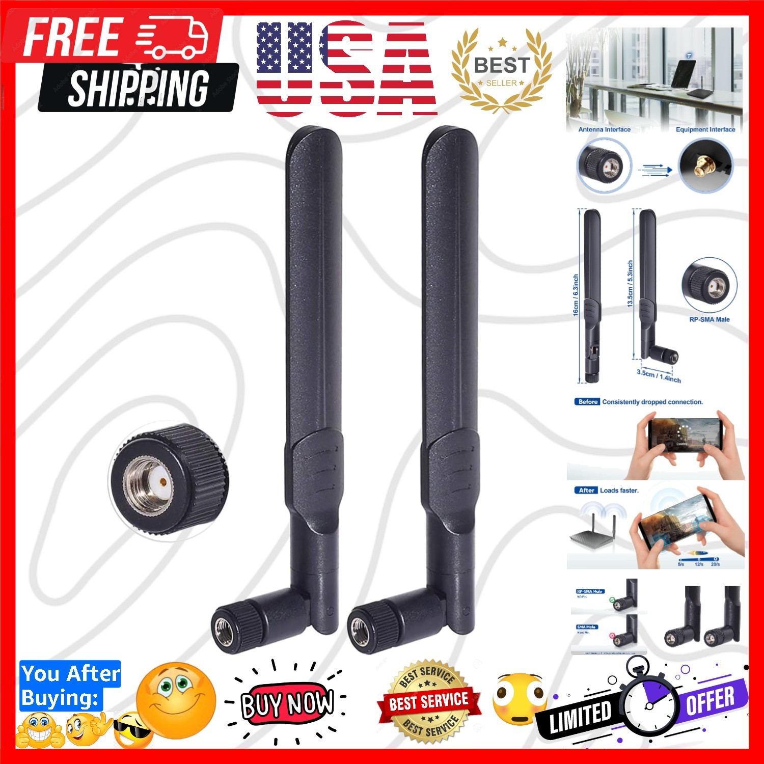 Dual Band WiFi 2.4GHz 5GHz 5.8GHz 8dBi MIMO RP-SMA Male Antenna 2-Pack for Wi...