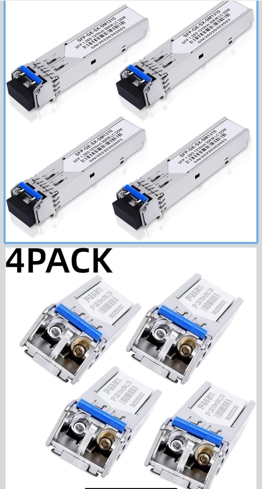 4 Pack 1.25G SFP Transceiver Module, 1000Base-LX, Single Mode, 1310nm, 20km