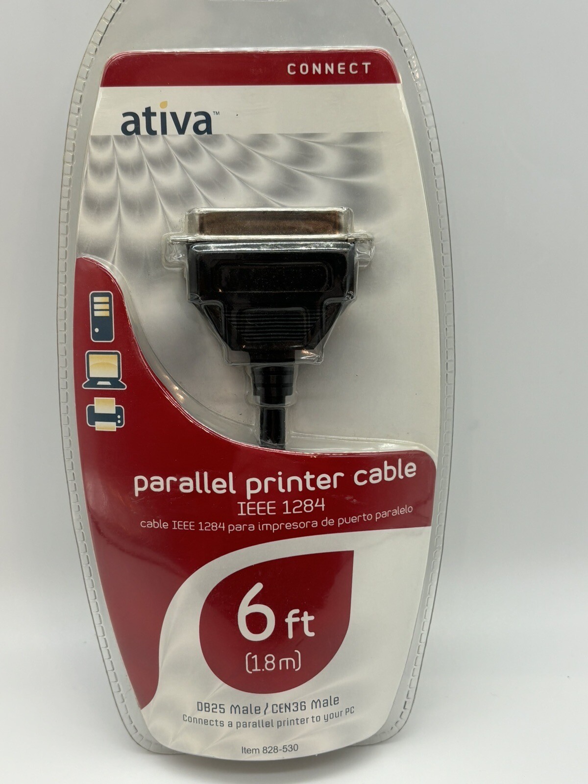 Ativa Connect Parallel Printer Cable IEEE 1284 6Ft 828-530 DB25 Male/CEN36 Male