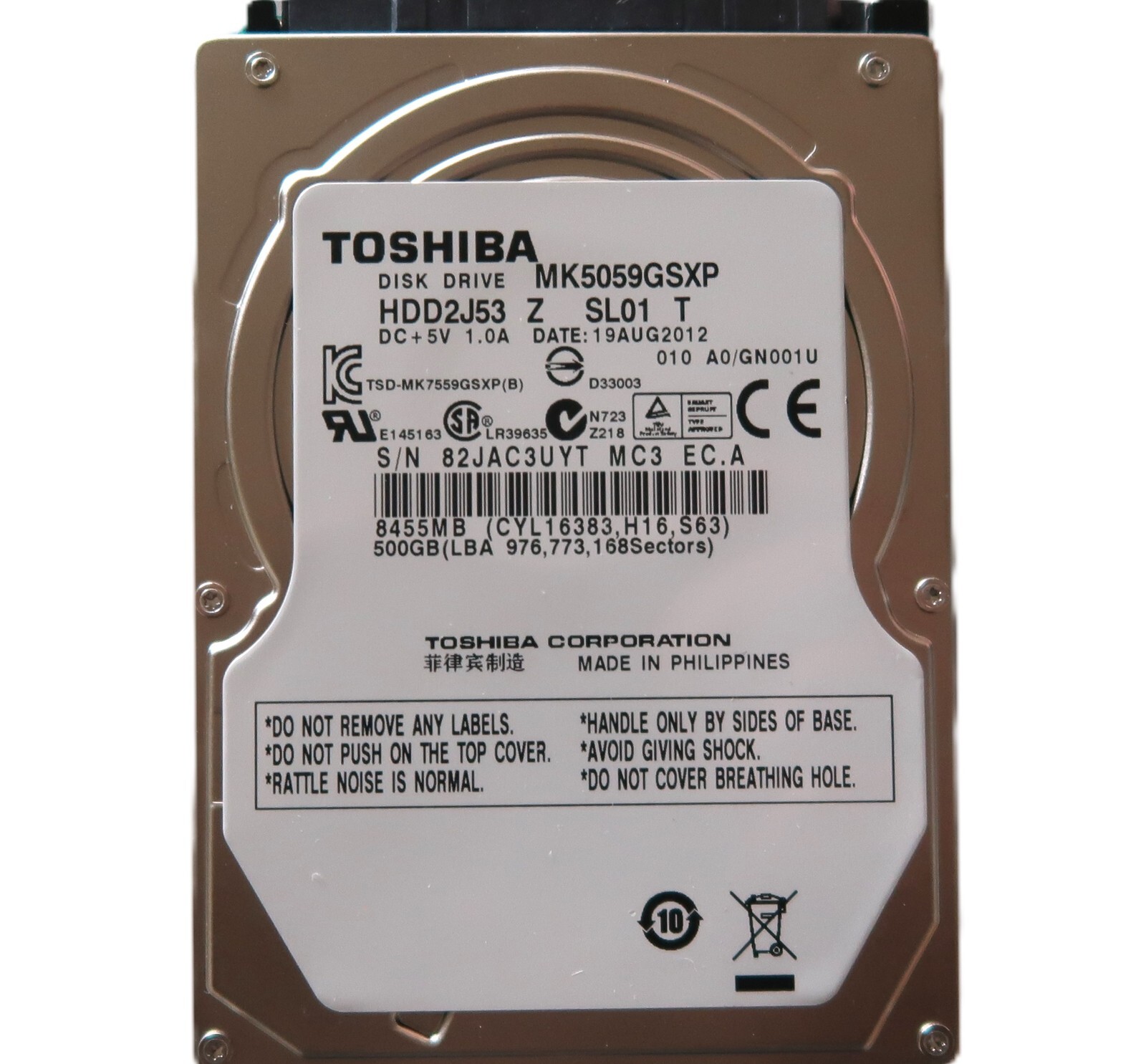 Toshiba MK5059GSXP HDD2J53 Z SL01 T 010 A0/GN001U Philippines 2.5" 500gb AUG2012