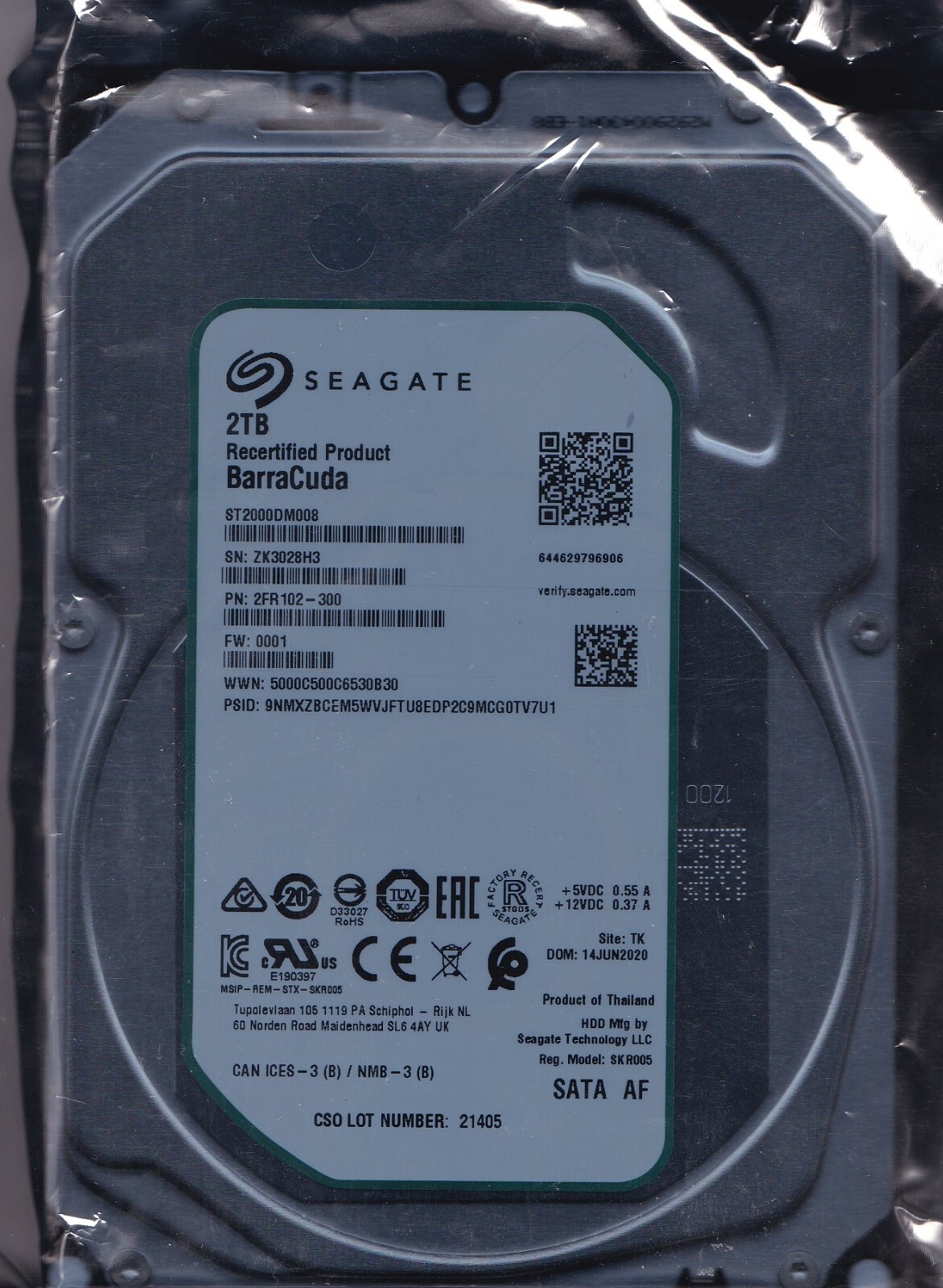 Seagate ST2000DM008 pn: 2FR102-300 sn: ZK3 0001 TK JUN 2020 2TB SATA 3.5" 2612