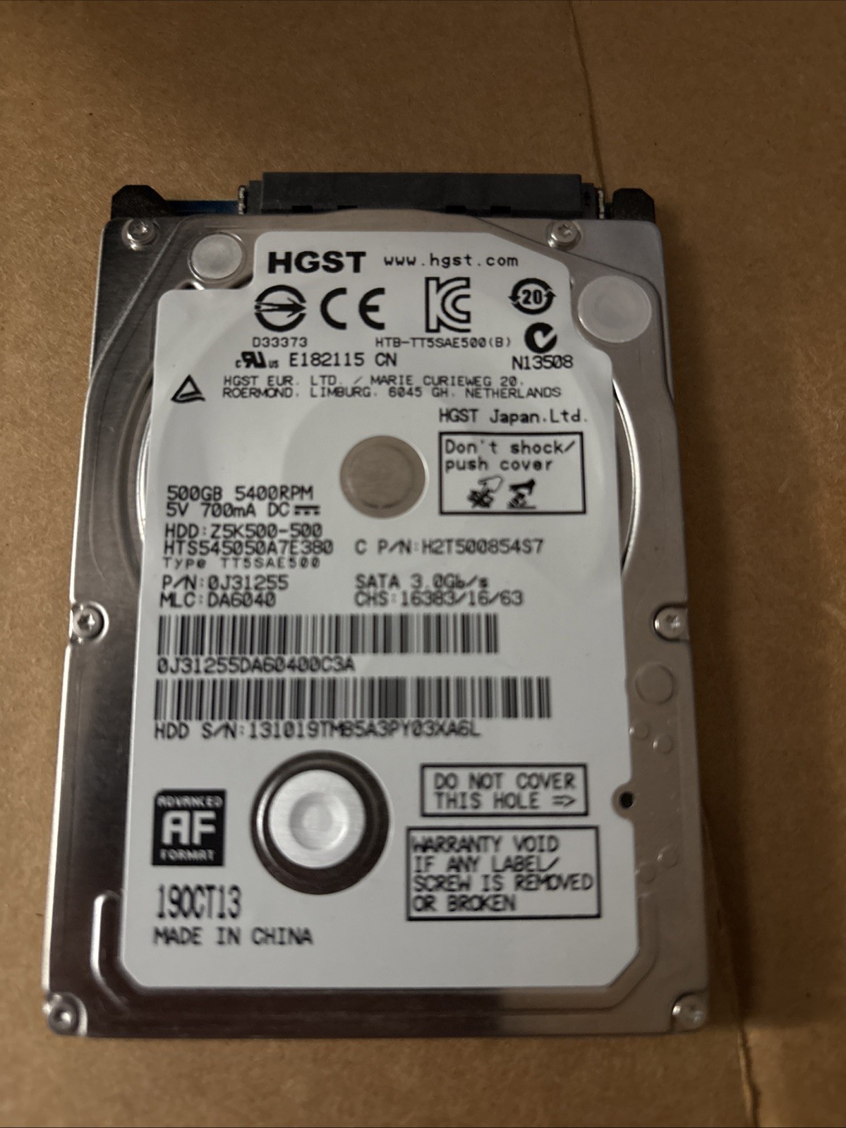 HGST 500 GB 5400 RPM 5V 700 MA DC SATA 3.0 GB