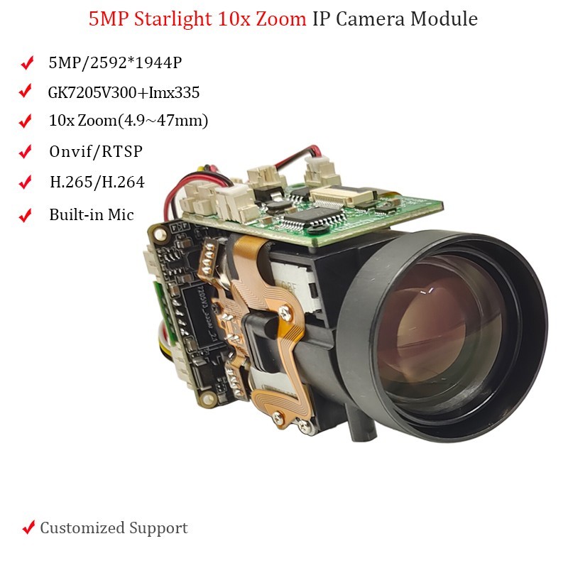 5MP IMX335 IP Camera Module PoE 10x Zoom PTZ Starlight H.265 Mic RJ45 Onvif RTSP