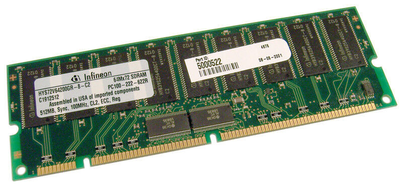 Infineon PC100Mhz Sync CL2 ECC Reg SDRAM 512MB Memory 5000522 - HYS72V64200GR-8-