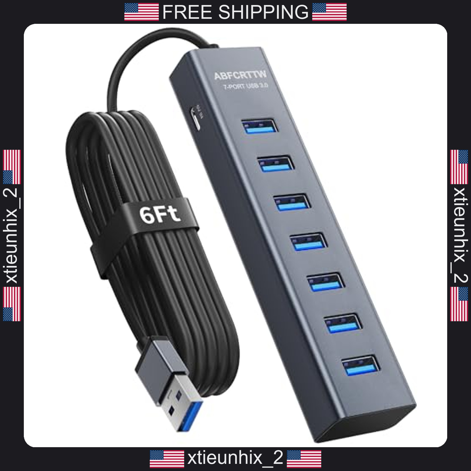 USB 3.0 7-Port Aluminum Hub with 6ft Cable for PC and Desktop