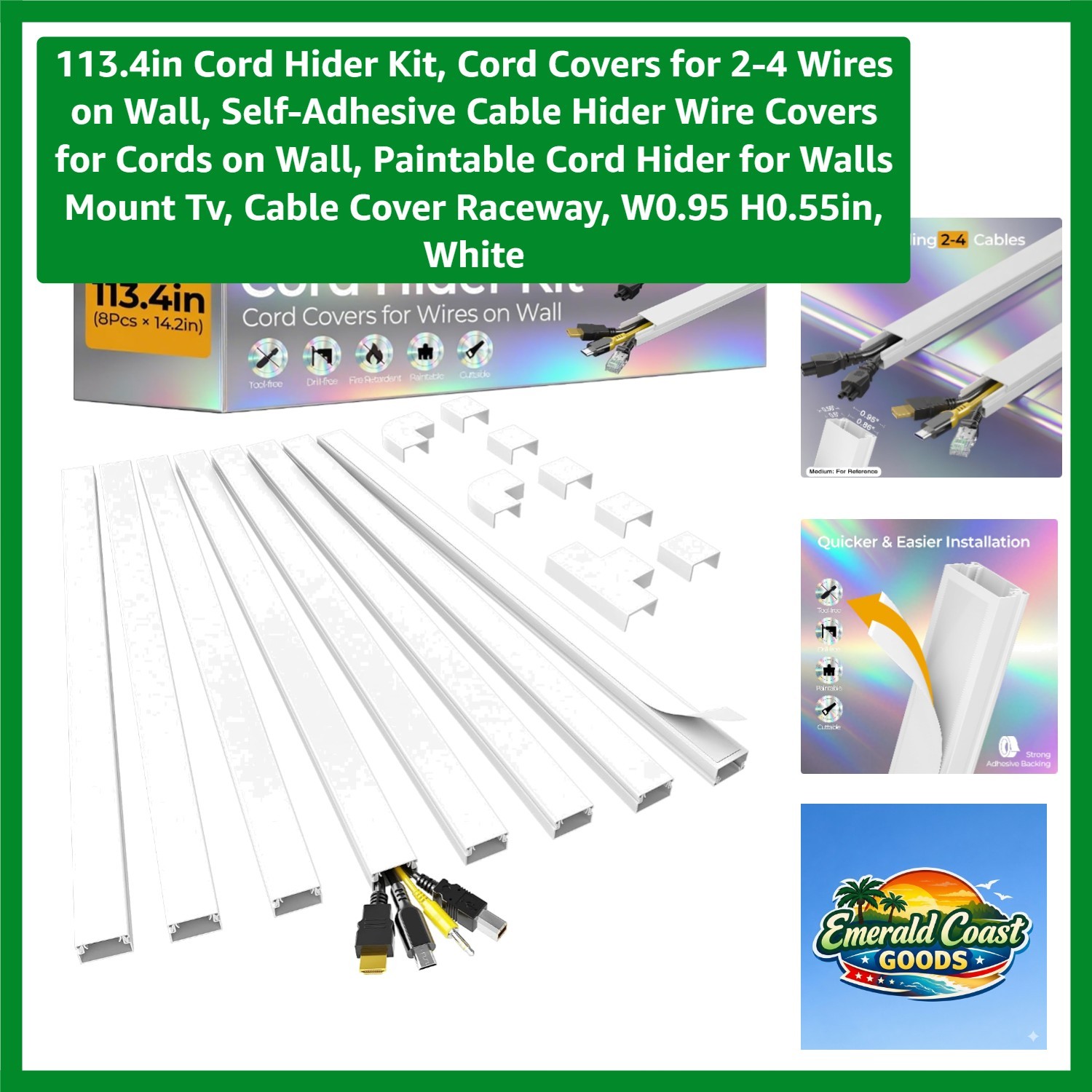 113.4in Self-Adhesive Cord Hider Kit - Effortless Cable Management in White