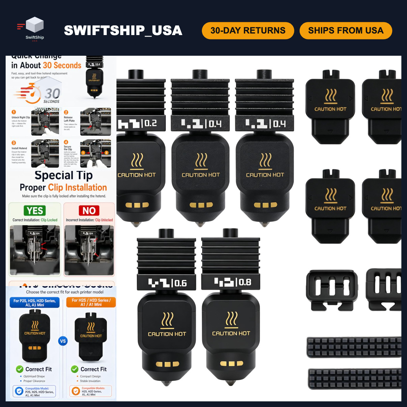 5 Pack Hotend Nozzle Kit 0.2/0.4/0.6/0.8MM for 3D Printers, Hardened Steel Quick