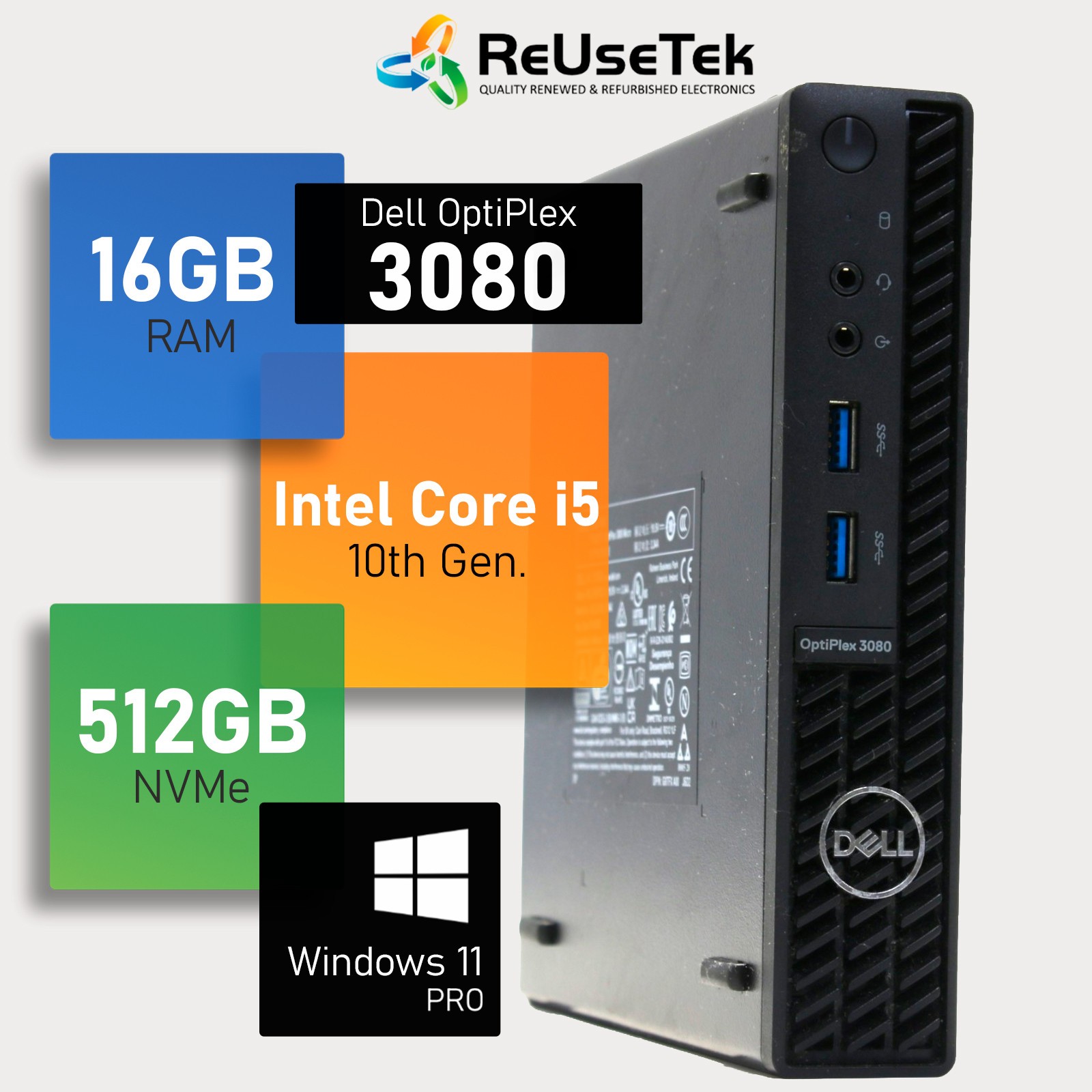 Dell OptiPlex 3080 Micro Intel i5-10500T 16GB RAM 512GB NVMe WiFi+BT Win 11 Pro