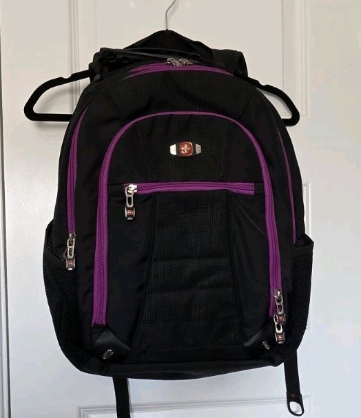 SwissGear Wenger Laptop Backpack Black Purple Trim Travel School Bag Preowned 