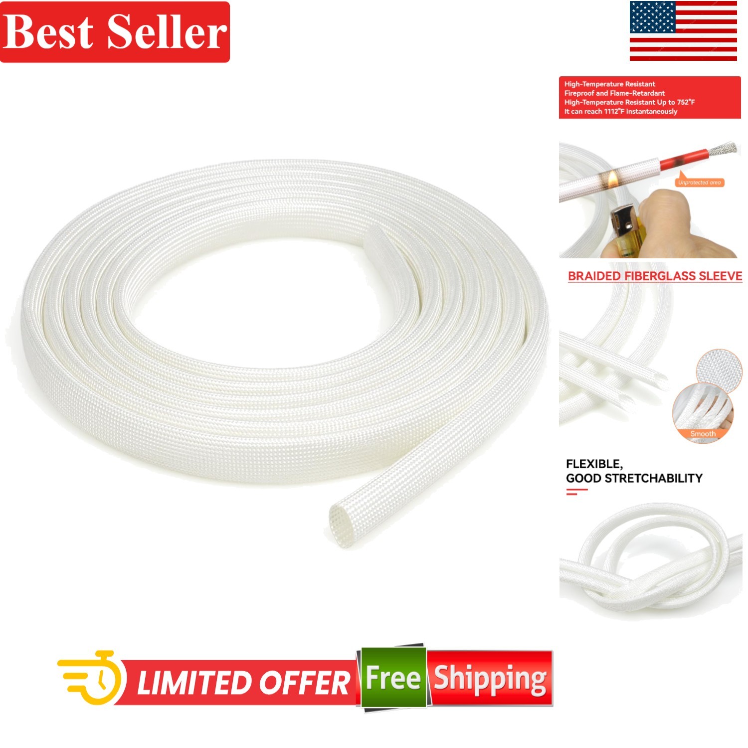 Braided Fiberglass Cable Sleeve 10ft High Temp Heat Resistant Flexible White
