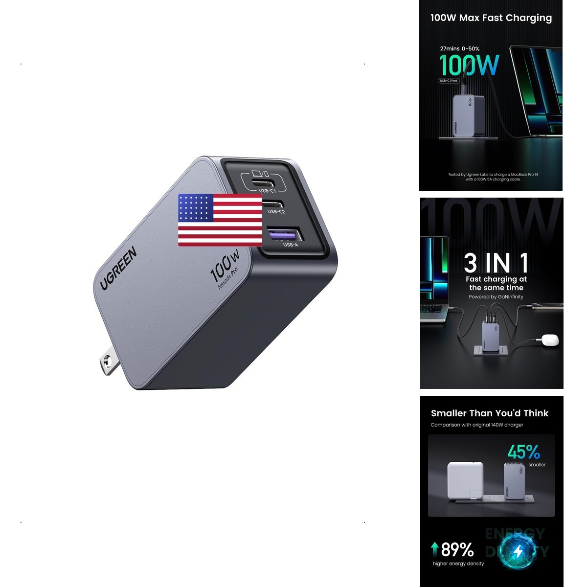 UGREEN Nexode Pro 100W GaN USB C Wall Charger 3-Port for MacBook Pro/Air iPad