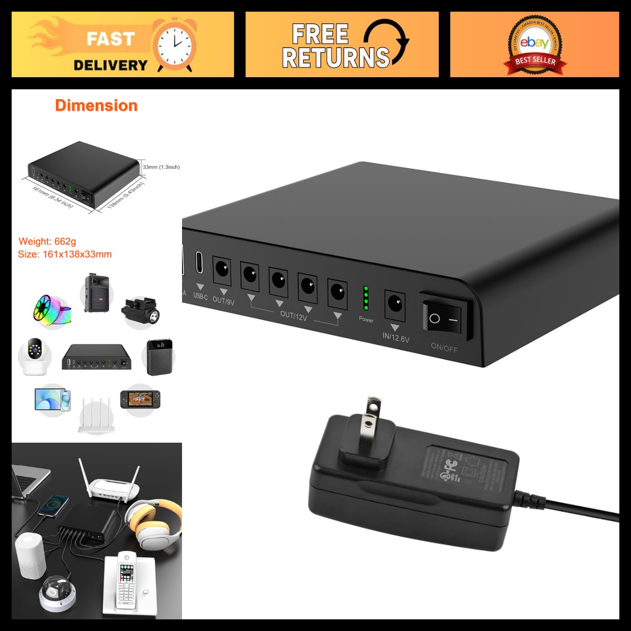 27000mAh Mini UPS Backup Battery Pack - 12V/9V DC & USB-C Power Supply for Route