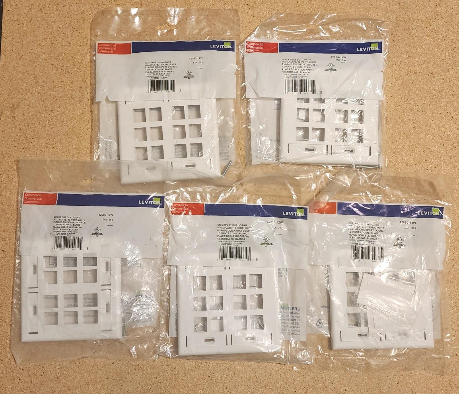 (5) Leviton 42080-12W Quickport Wallplate, Dual Gang, 12-Port, White, UNOPENED 