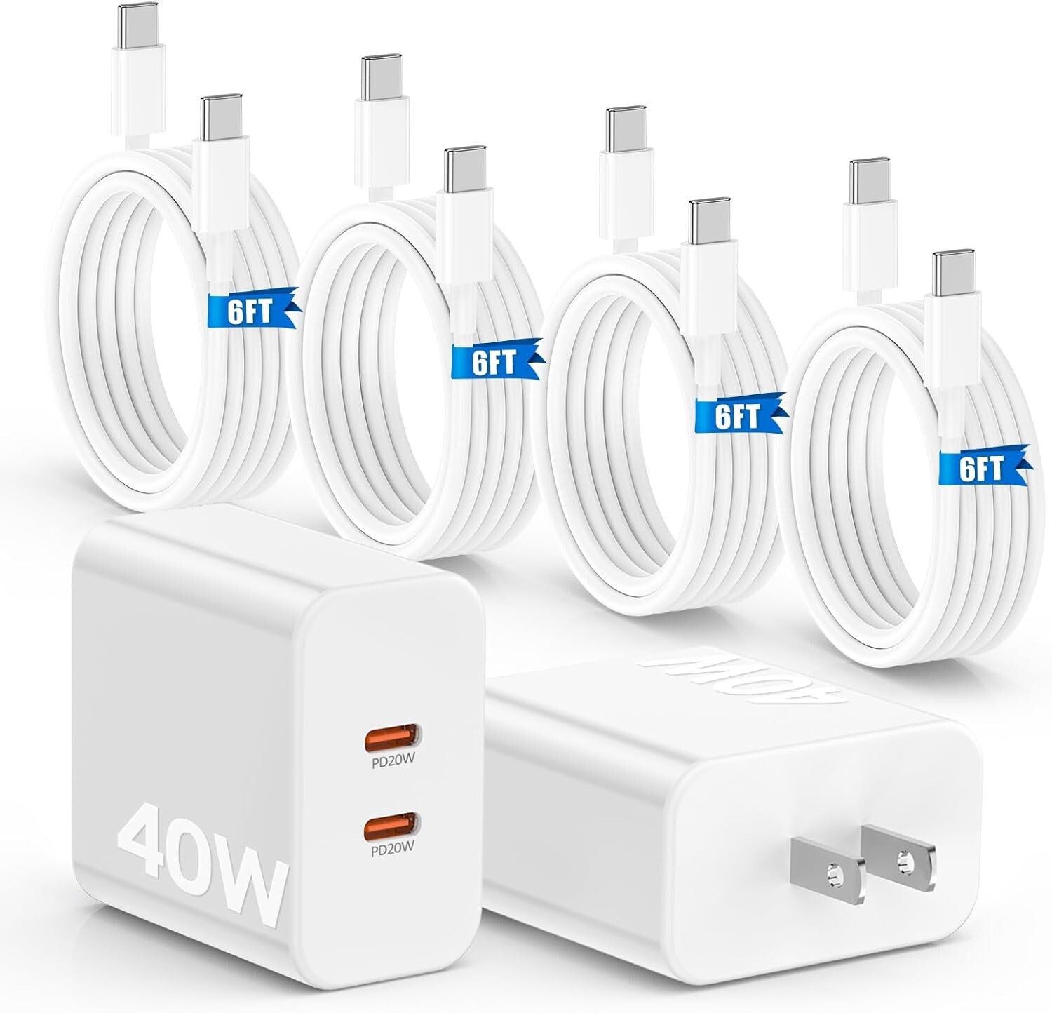 2 Pack White 40W Fast Charger with 4Pcs 6FT USB C to USB-C Charger Cord