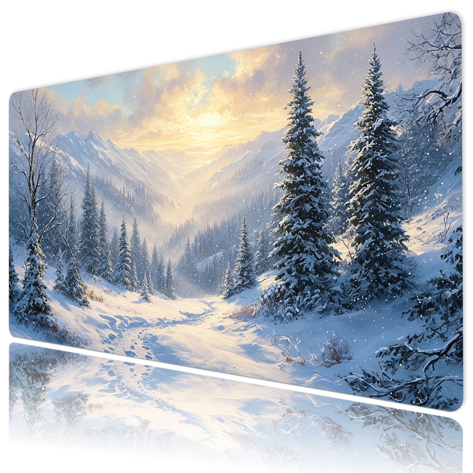 Snow Mountain Forest Winter Christmas Desk Mat for Keyboard and Mouse Desk Pad