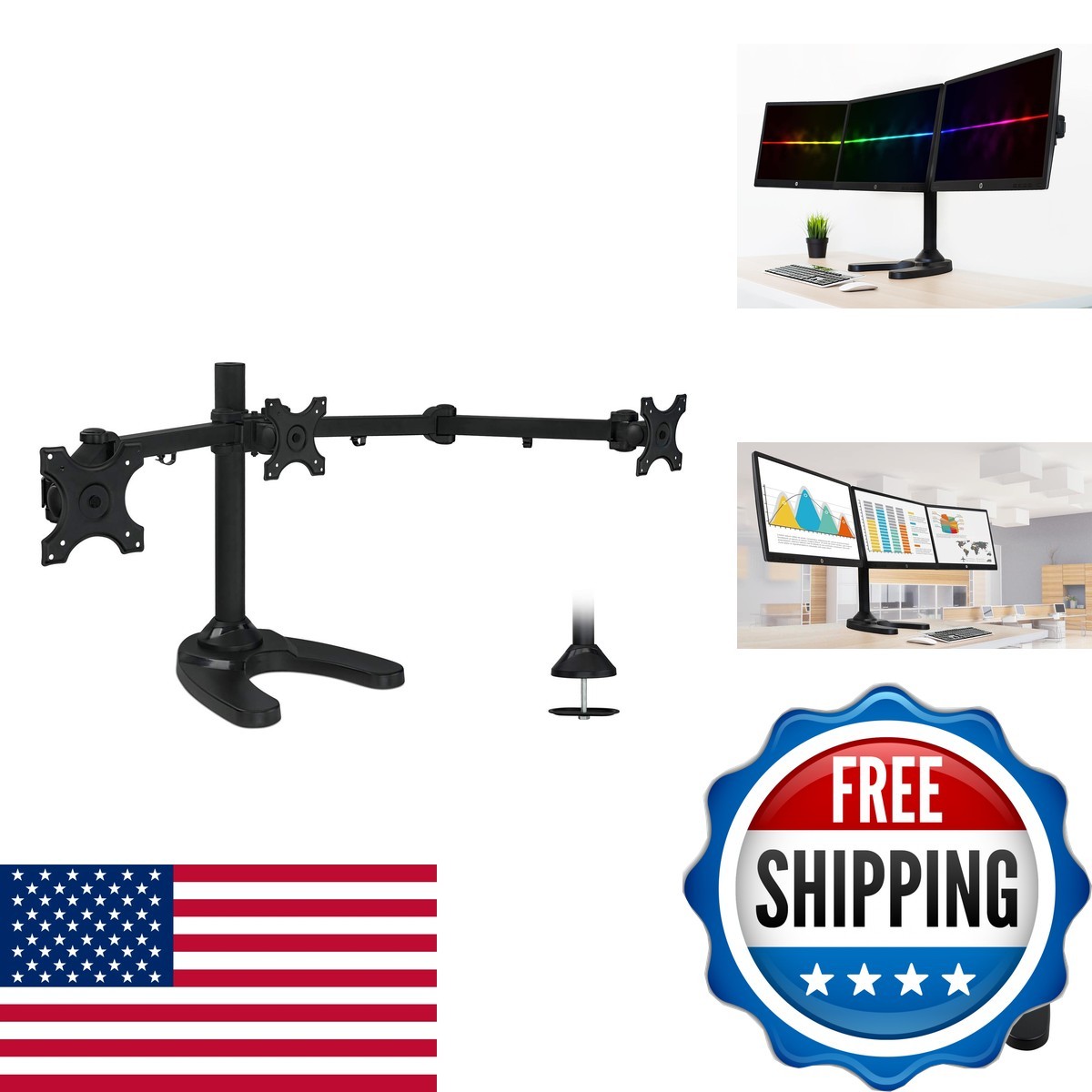 Mount-It Triple Monitor Stand 3 Screens Up 24", Height Adjustable Desk Mount