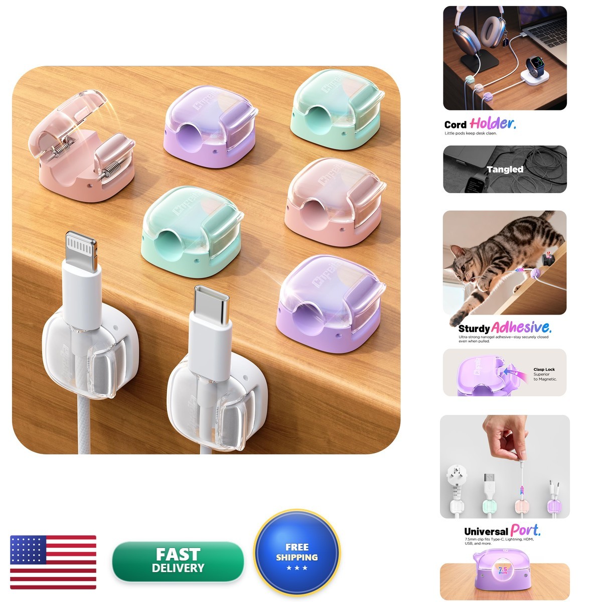 Chfeila 8 Pack Cable Clips, Cord Organizer, Cute Spring Cord Holder CC06-HS