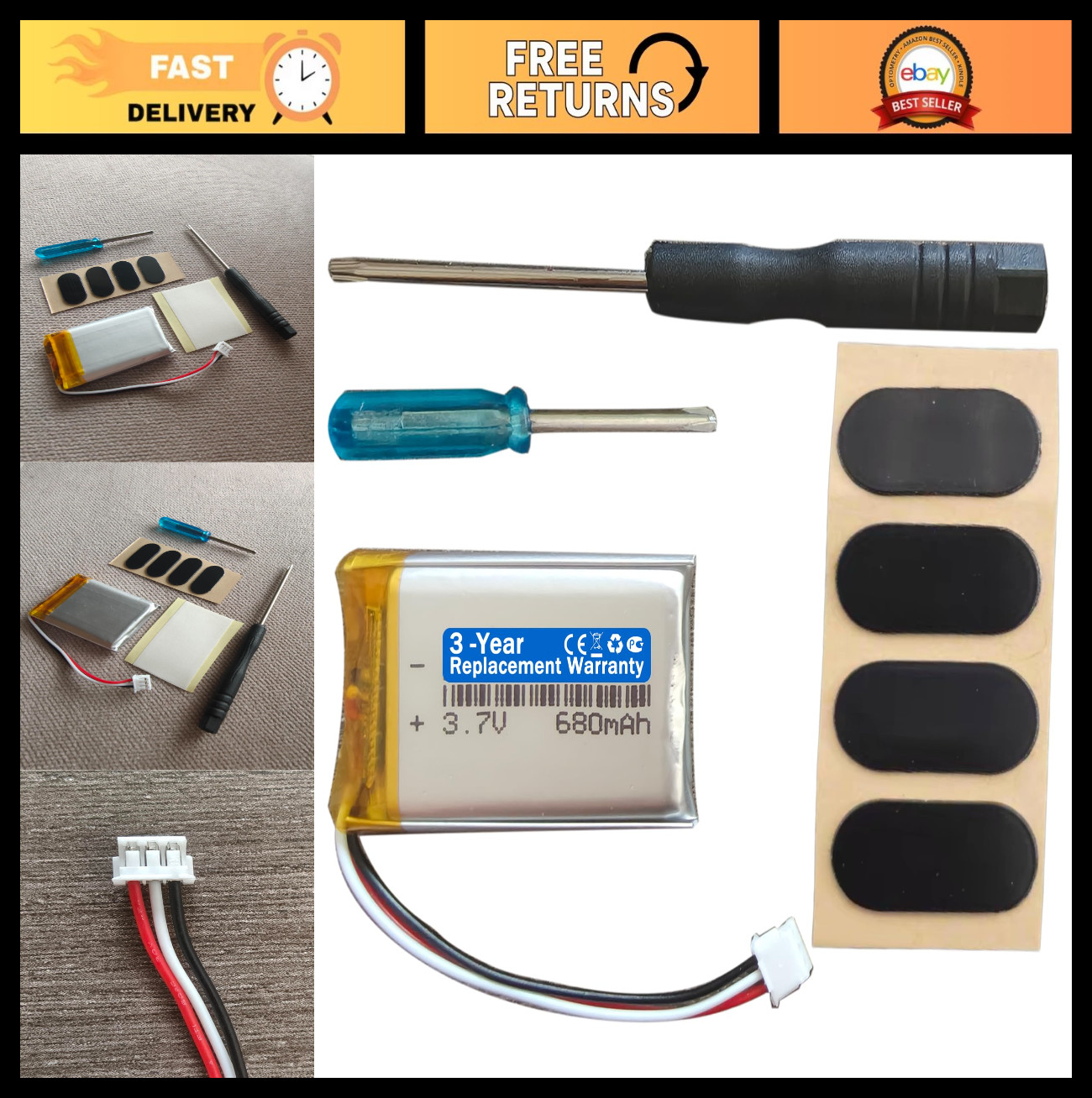 High-Capacity 680mAh Battery for Logitech MX Anywhere 3/3S Mouse + Skates & Tool