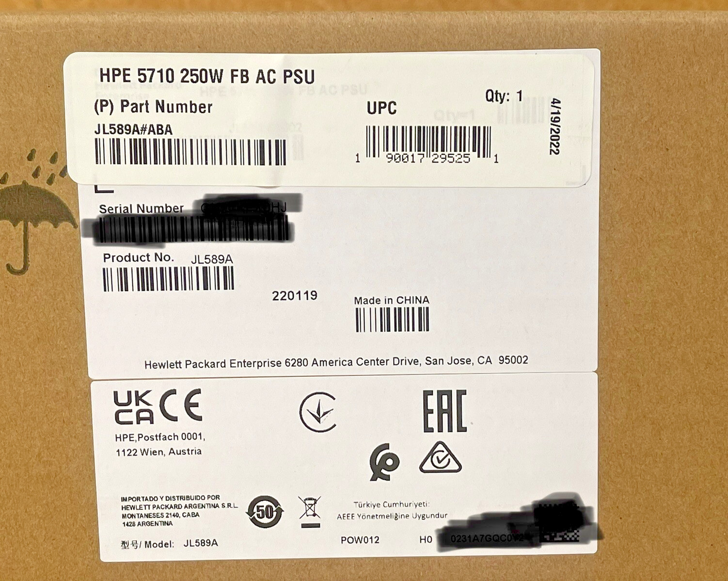 HPE JL589A FlexFabric 5710 250W Front-to-Back AC Power Supply JL589A#ABA FB
