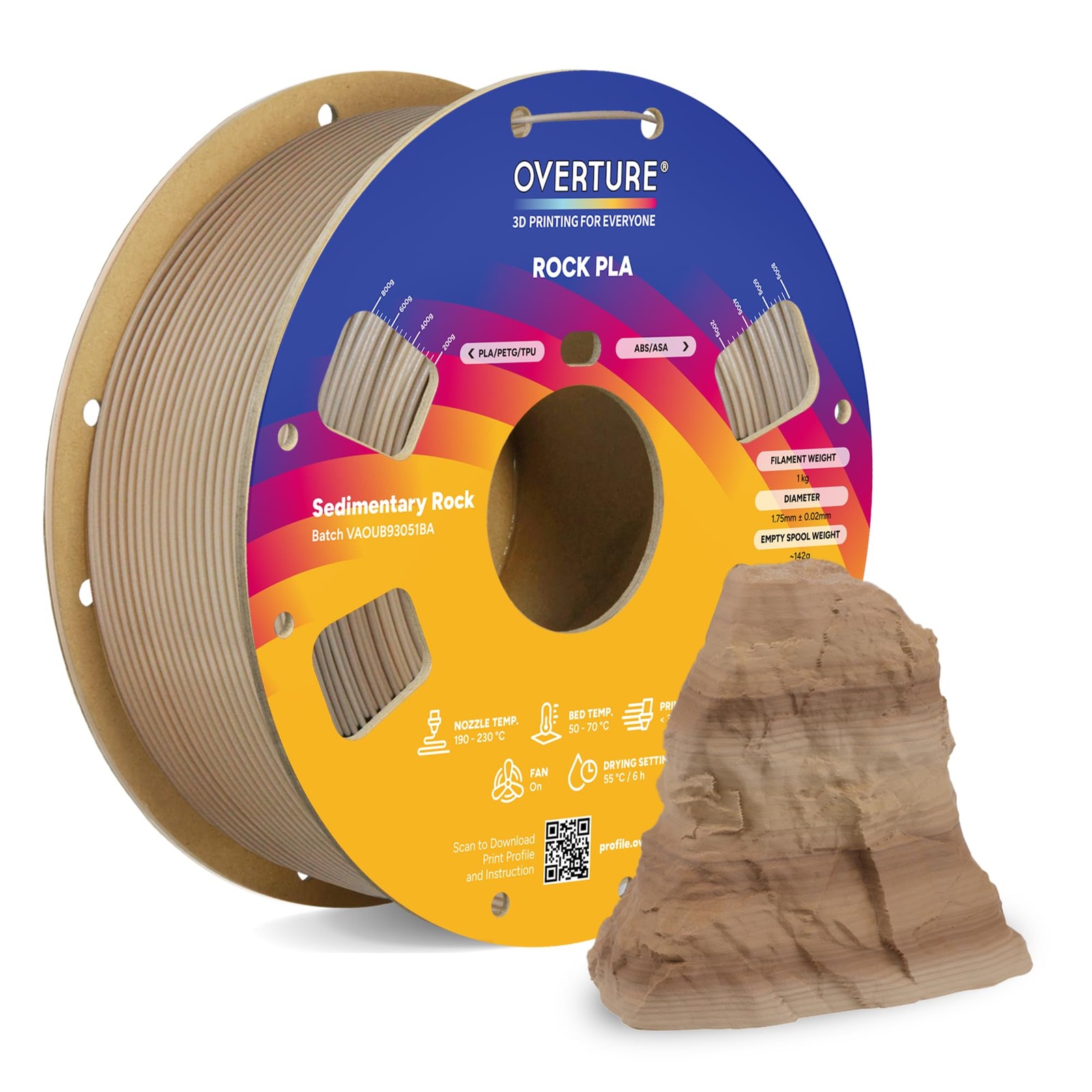 OVERTURE Rock PLA Filament 1.75mm, Marble PLA, 1kg 1KG, 02-sedimentary