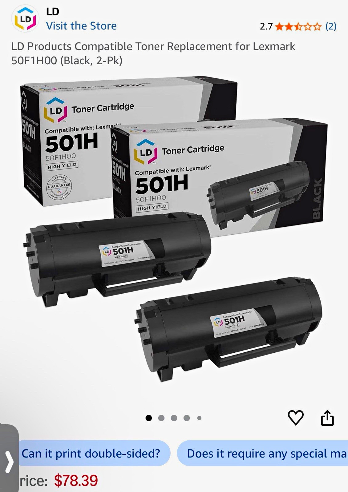 LD Compatible Toner for Lexmark 50F1H00 / 501H Black Laser 2-Pack