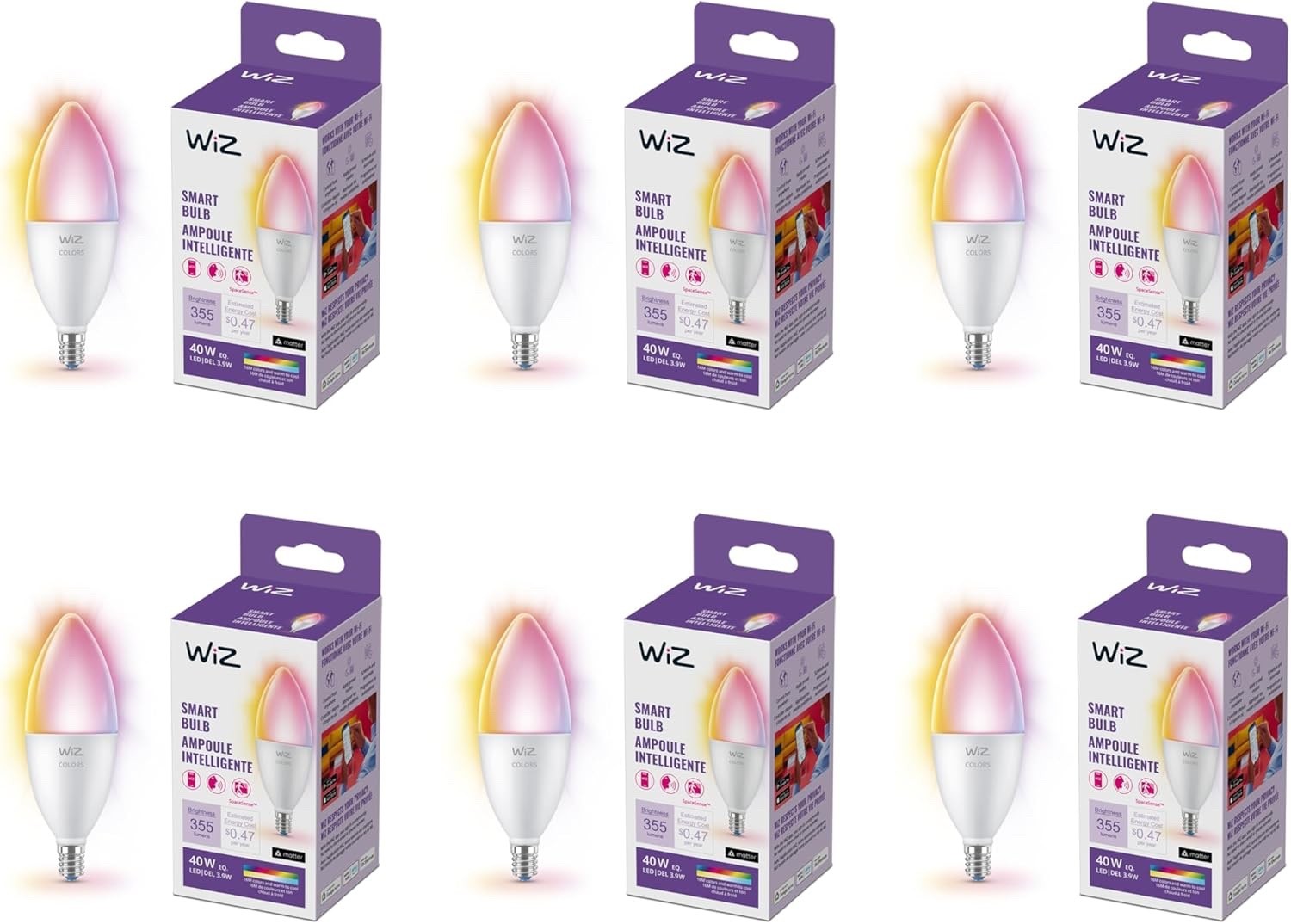 WiZ 40W B12 Candle Bulb Light, 6-Pack Smart Bulbs, Indoor E12 LED Color Chang...