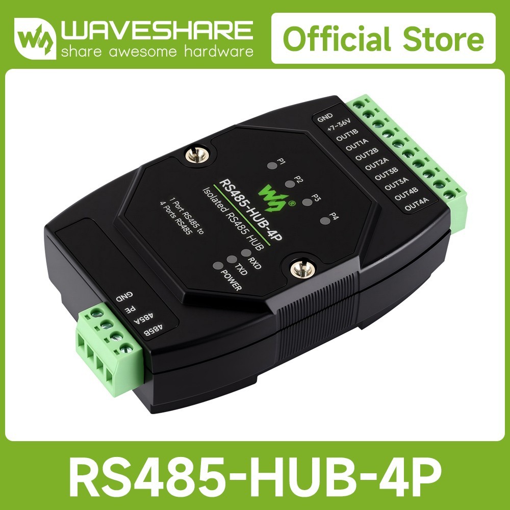 Waveshare Industrial-grade Isolated 4-Ch RS485 Hub, Rail-mount Wide Baud Rate