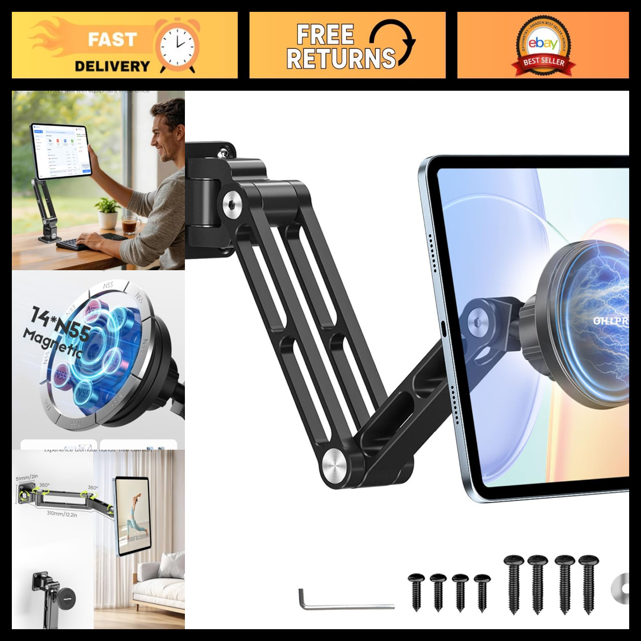 Heavy Duty Magnetic iPad Wall Mount Tablet Holder, Dual Arm Aluminum Bracket