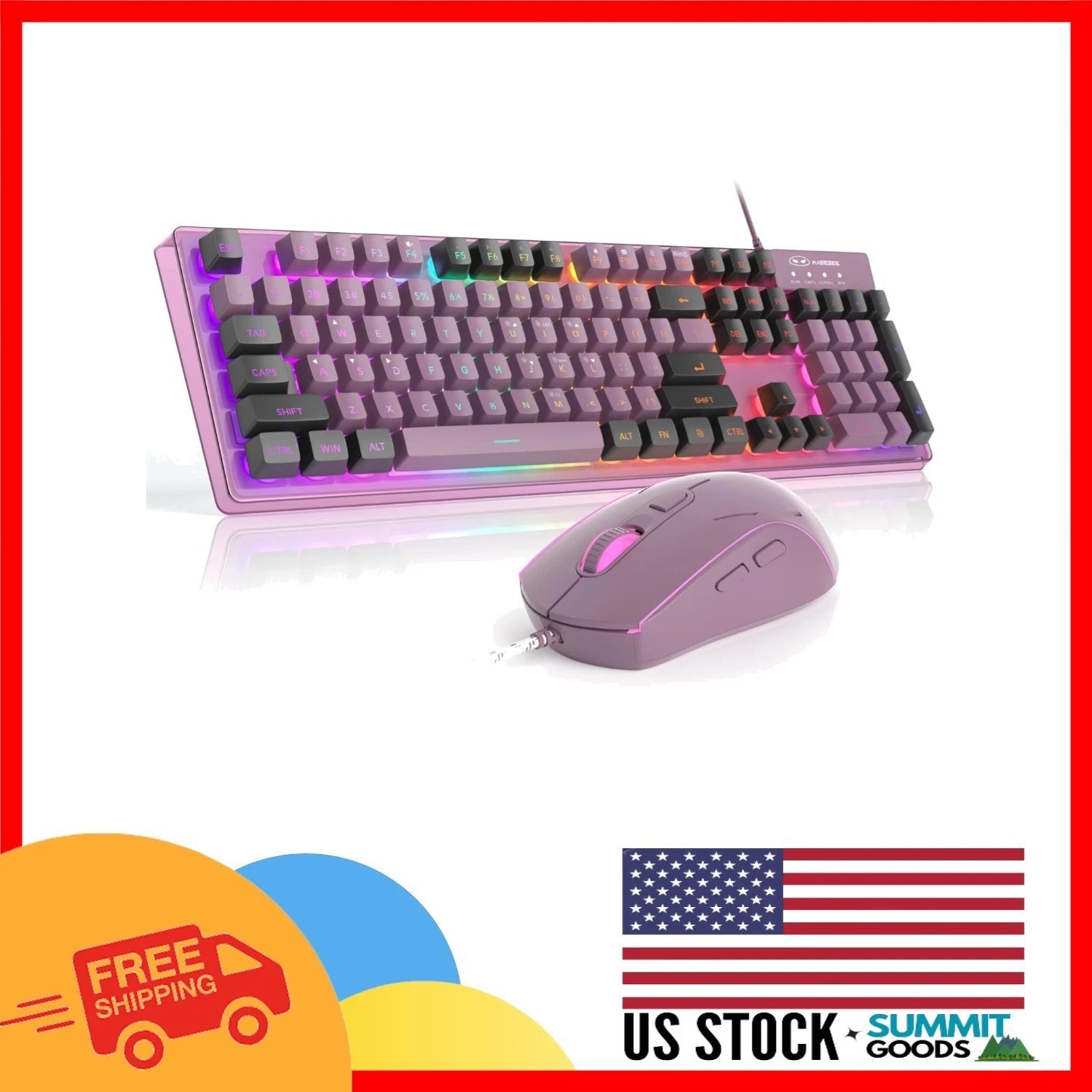 Wired RGB Gaming Keyboard & Mouse Combo - Ergonomic, Spillproof, Blackcurrant