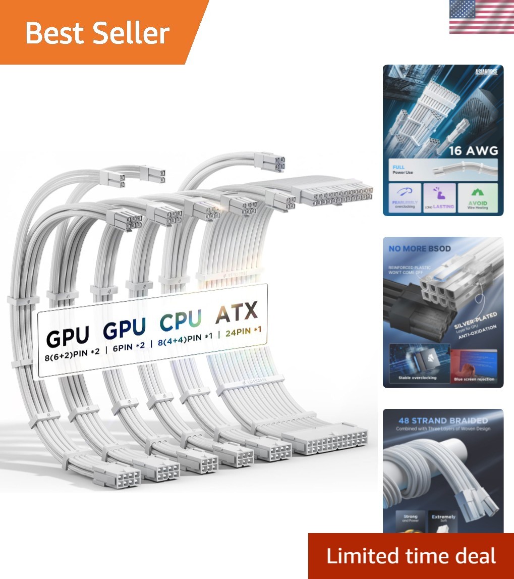 High-Performance 16AWG PSU Extension Cables with Organizational Combs - 6 Count