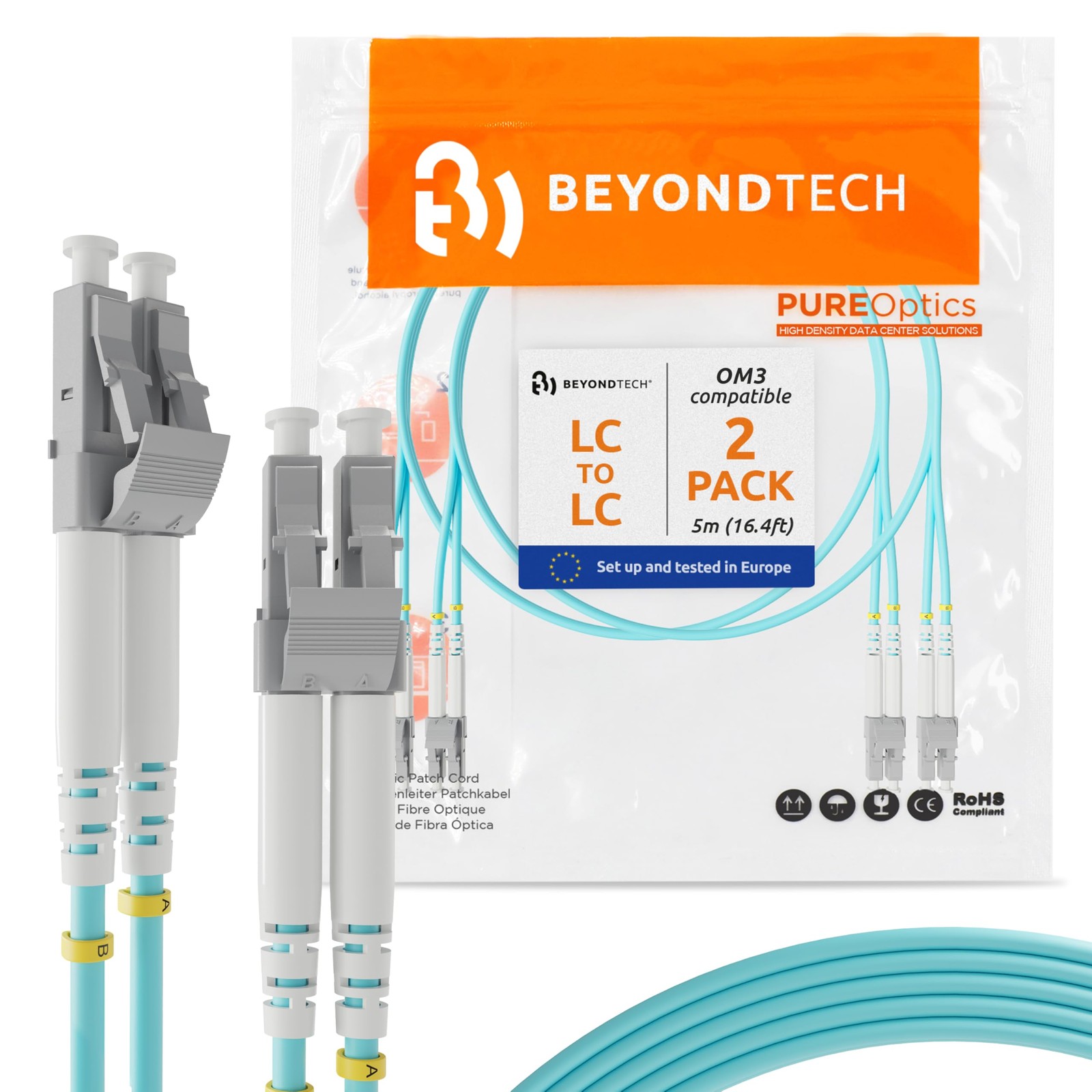 BEYONDTECH 5m (16.4ft) LC to LC Fiber Patch Cable – (2-Pack) UPC Multimode Du...
