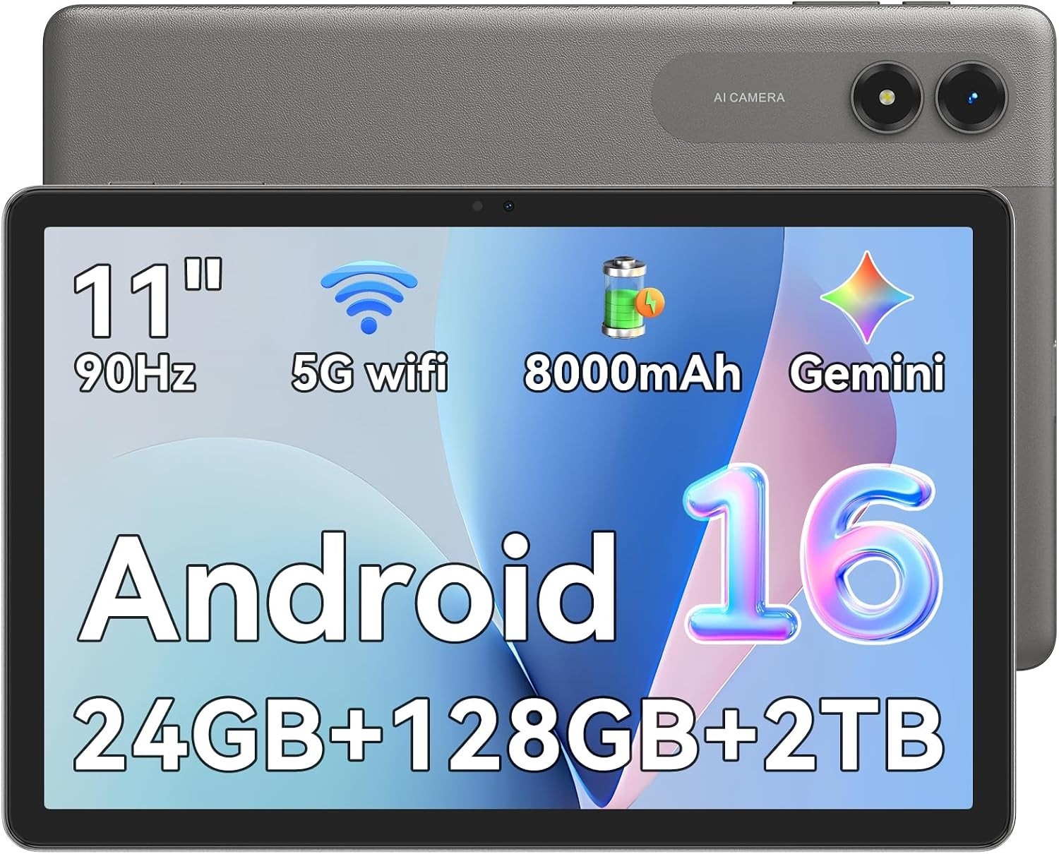 VekfulPC Android 16 Tablet 11 Inch 24GB RAM 128GB ROM Octa-Core WiFi Grey