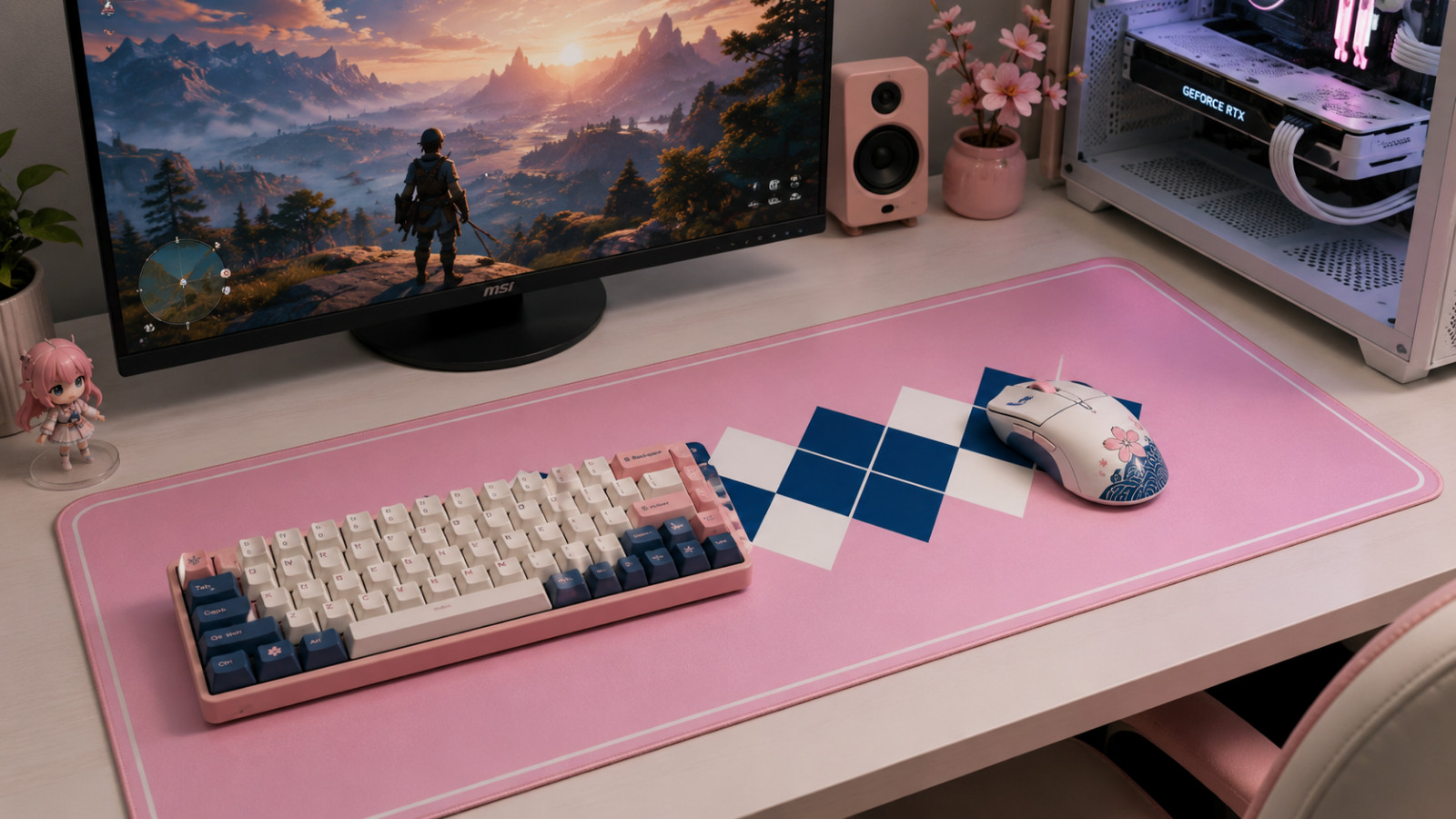 XL Pink Argyle Gaming Mouse Pad Desk Mat 35.5"x15.7" Non-Slip Stitched