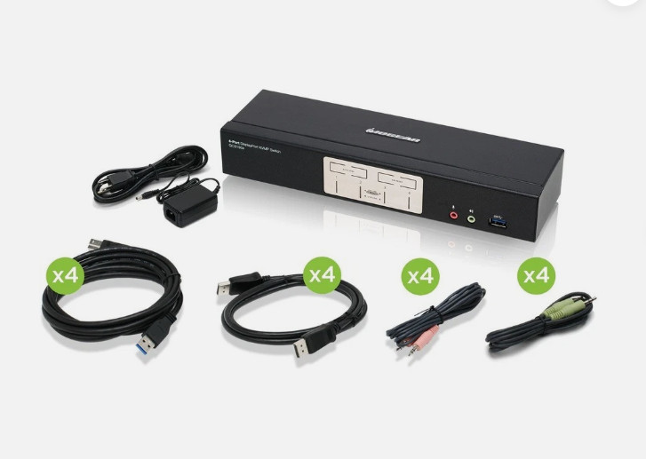 Iogear GCS1934 4-Port Displayport 1.2 KVMP w/ Built-In USB 3.1 Gen 1 Hub & Audio