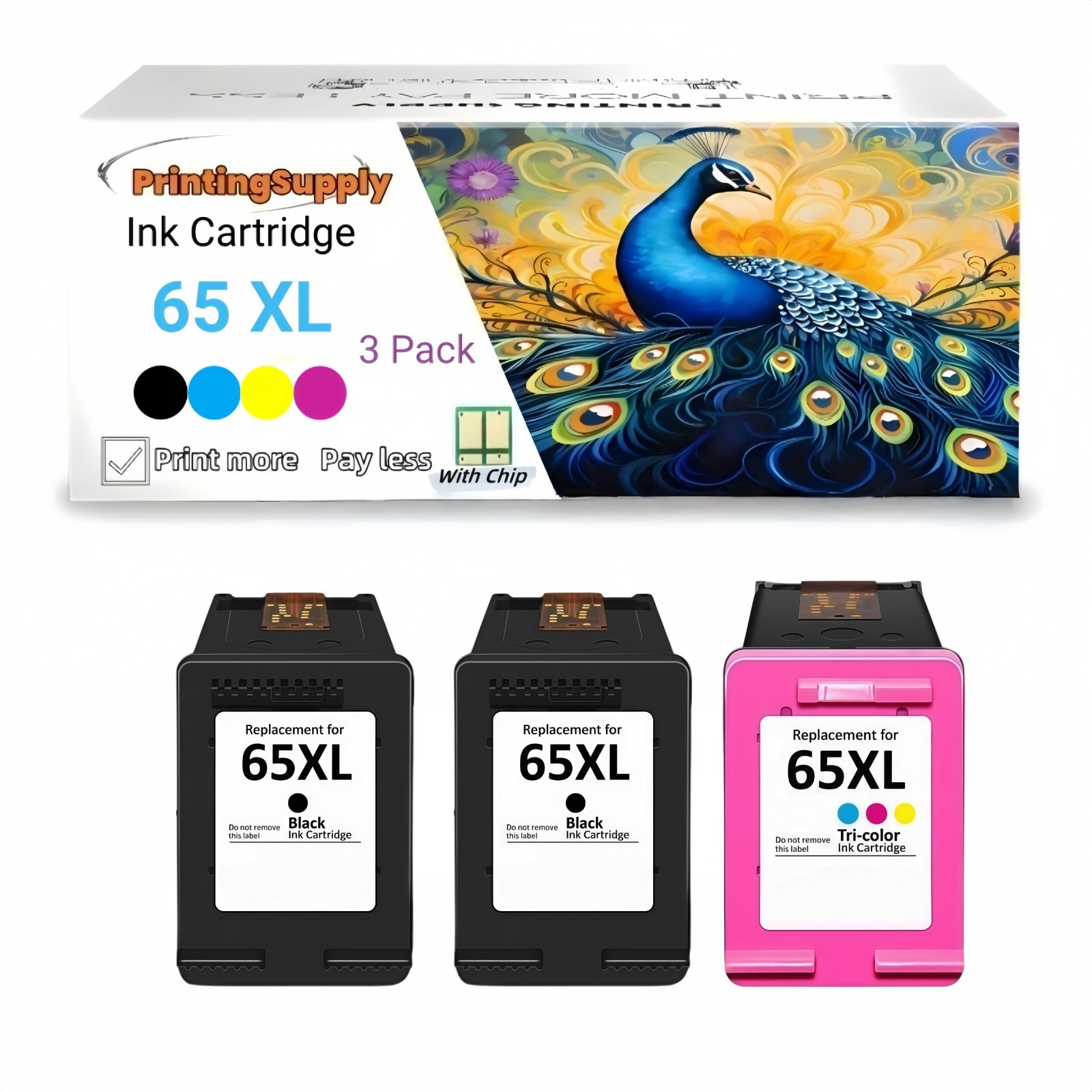 3PK High-Yield BK&C For HP 65 65XL Envy 5010 5020 5030 5055 DeskJet 3720 3750