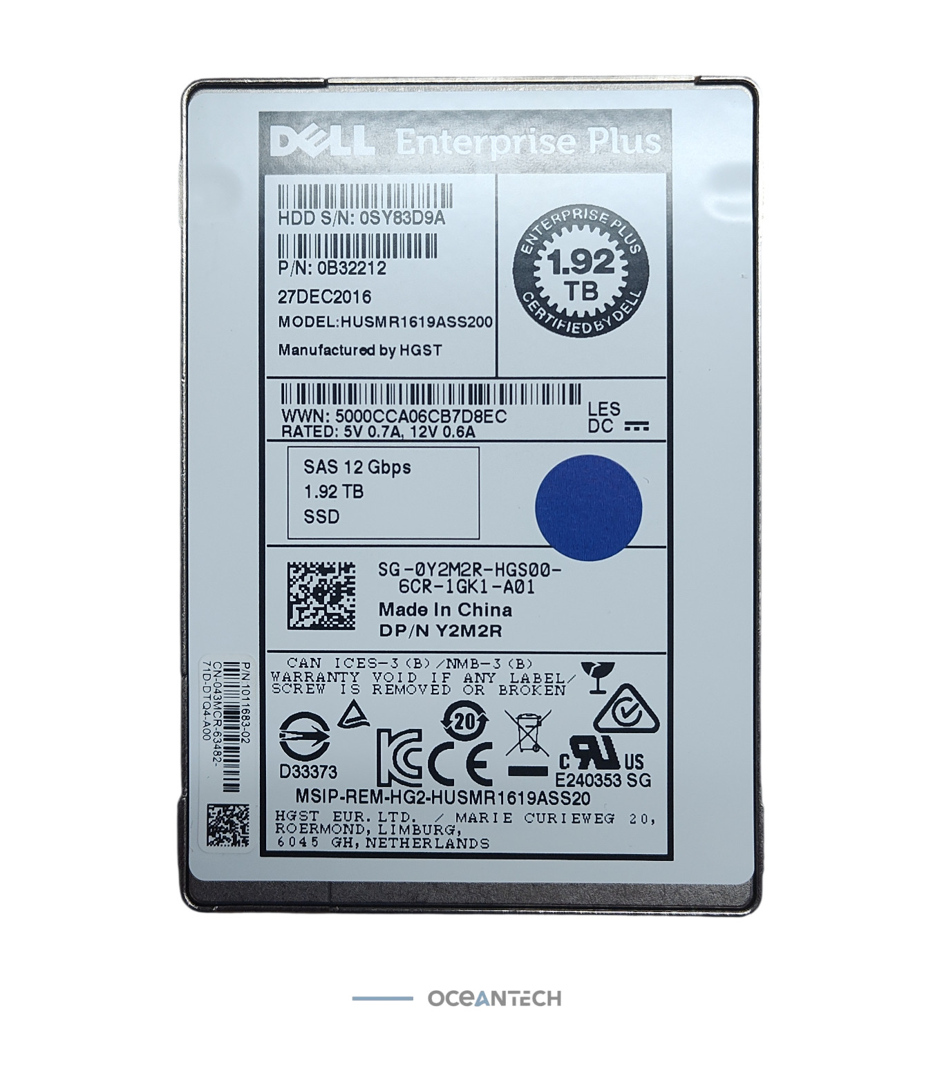 Dell Y2M2R 1.92TB SAS 12Gb/s 2.5" SSD HUSMR1619ASS200 RI 80%+ Health Grade B