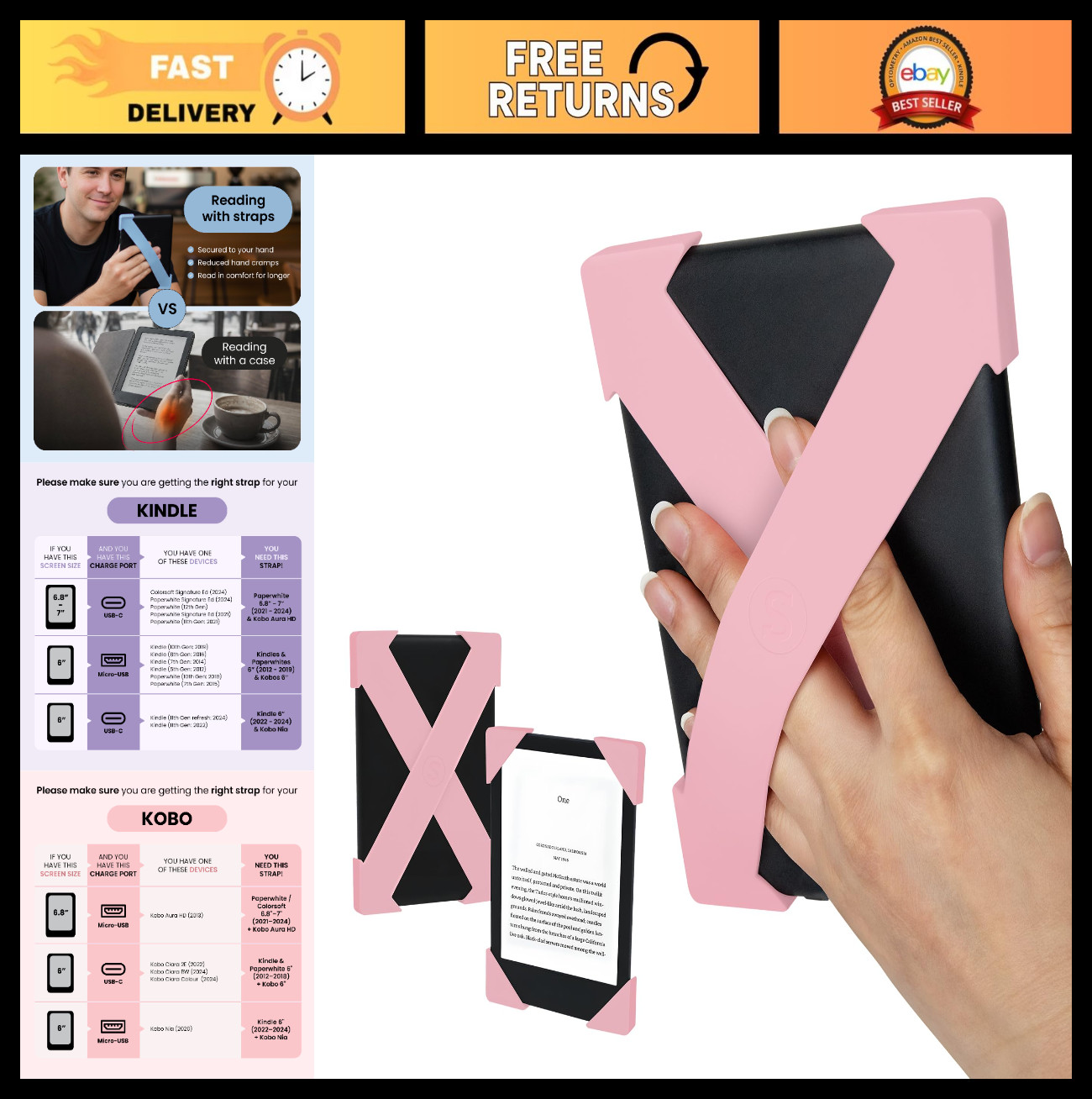 Silicone Hand Straps for Kindle Paperwhite & Kobo Aura HD | 2-Pack | Blush