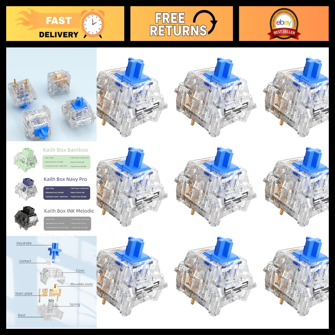 105Pcs Crystal Blue Mechanical Keyboard Switches, 3 Clicky Kailh Box Switches, 3