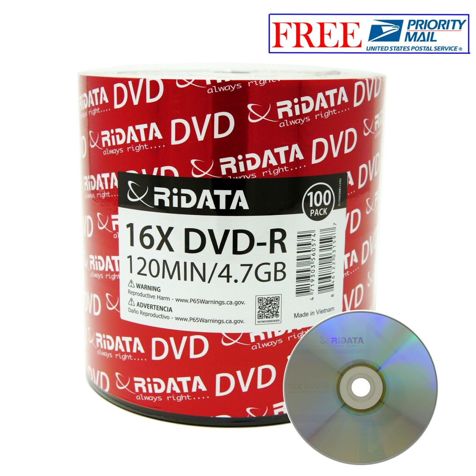 100 Pack Ridata DVD-R 16X 4.7GB 120 Min Silver Logo Top Blank Recordable Disc