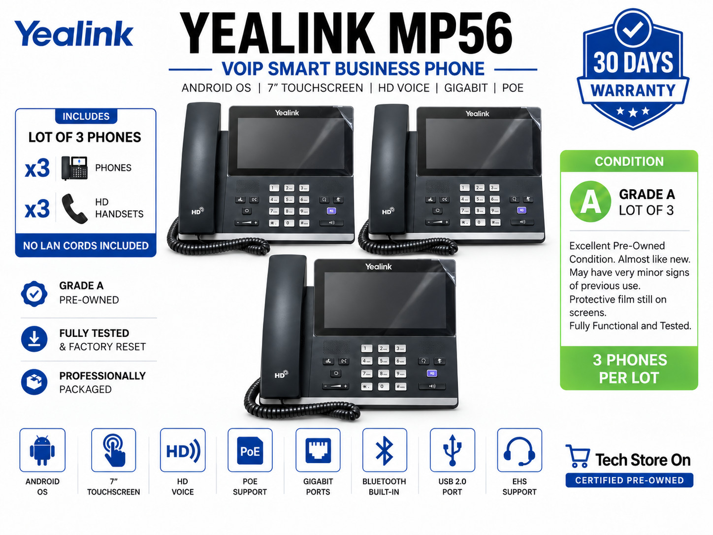 Yealink MP56 VoIP Smart Business Phone Lot of 3 Grade A 7" Touchscreen PoE