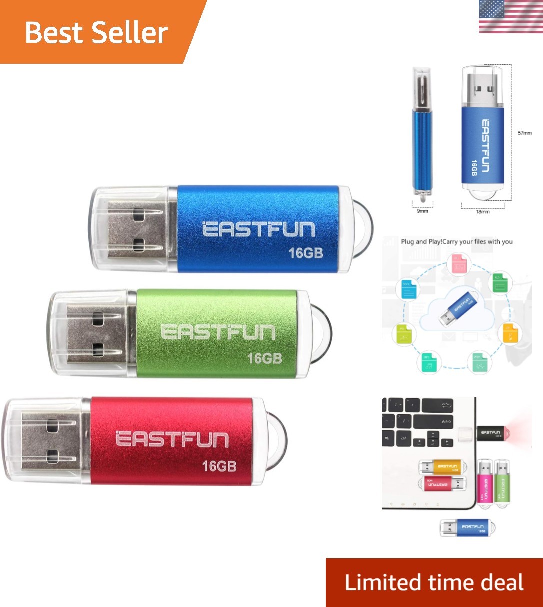 16GB USB 2.0 Flash Drive – 3 Mixed Color Memory Sticks with Reliable LED Feature