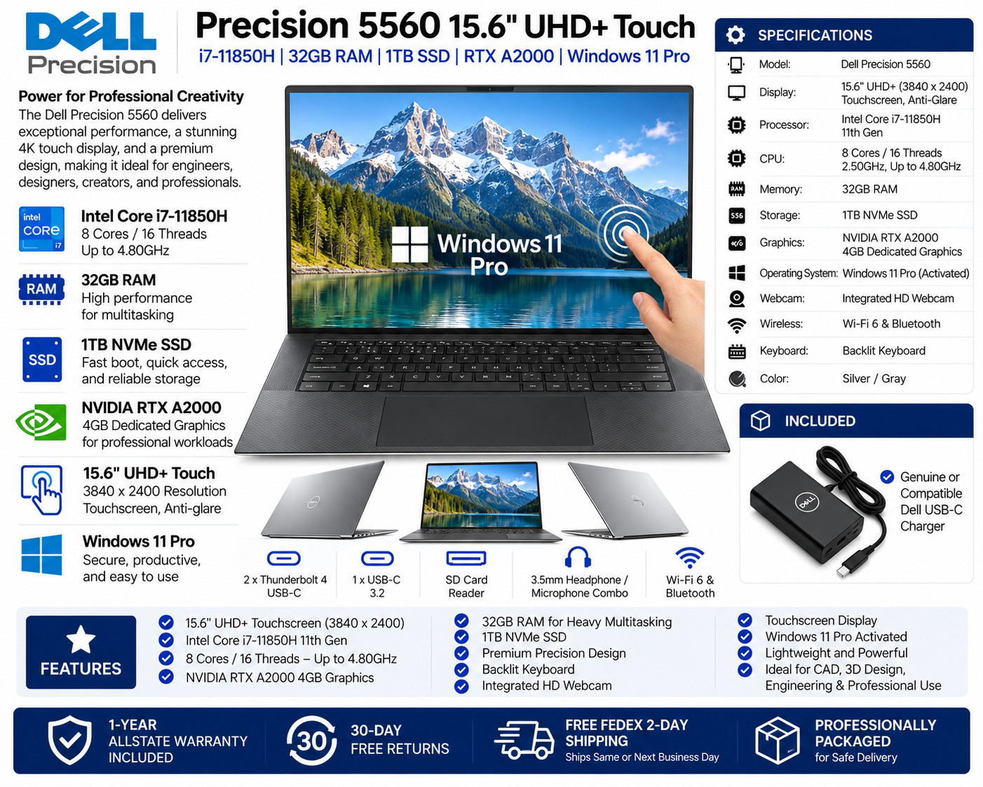 Dell Precision 5560 15.6" UHD+ Touch i7-11850H 32GB 1TB SSD RTX A2000 Win 11 Pro