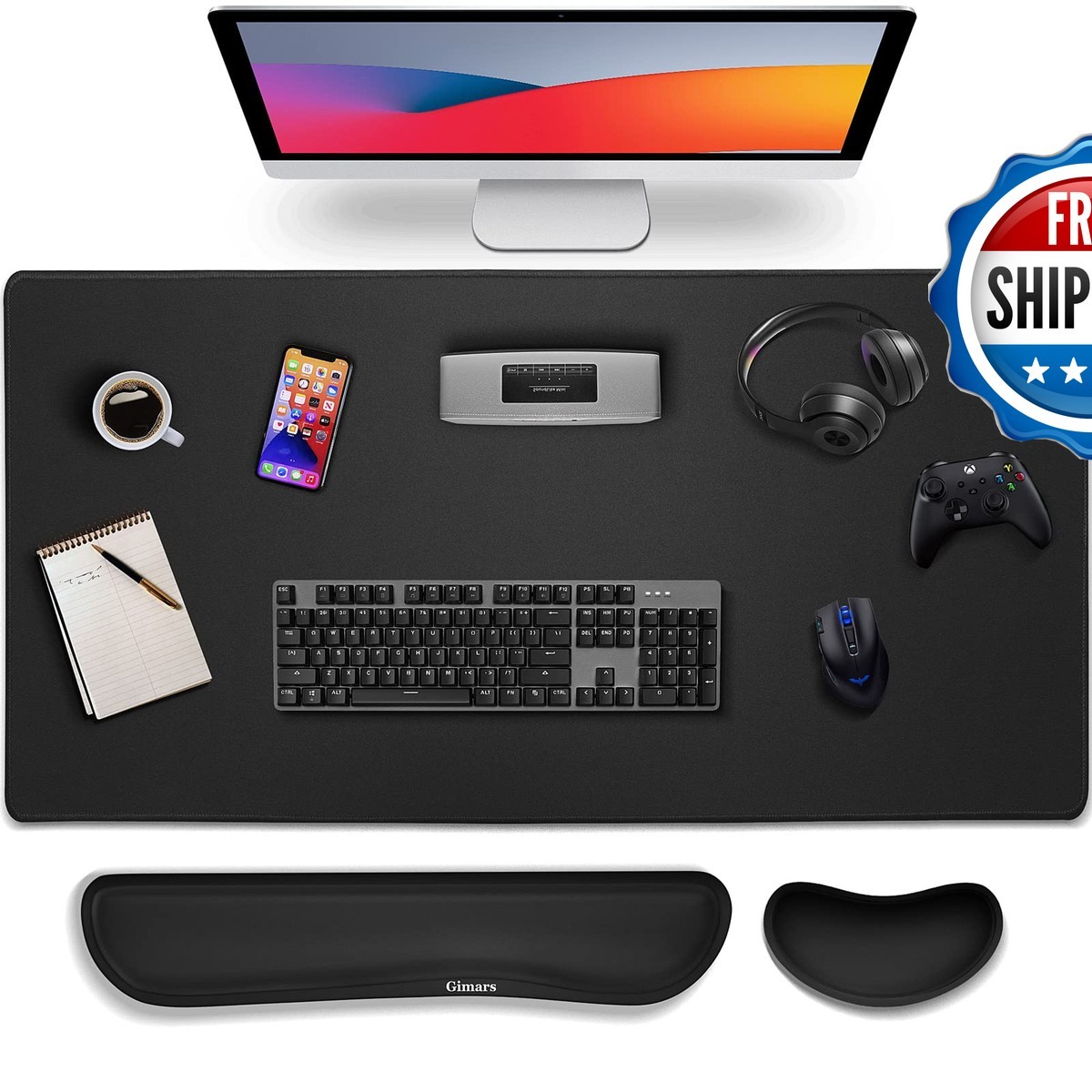 Gimars 4 in 1 Mouse Pad Wrist Rest Set with Memory Foam Coaster 31.5x12 inch