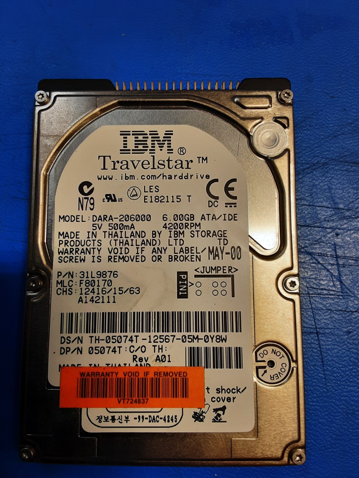 IBM Travelstar 31L9876 DARA-206000 6GB 2.5" IDE HDD 9.5mm 4200RPM 44-pin 05074T