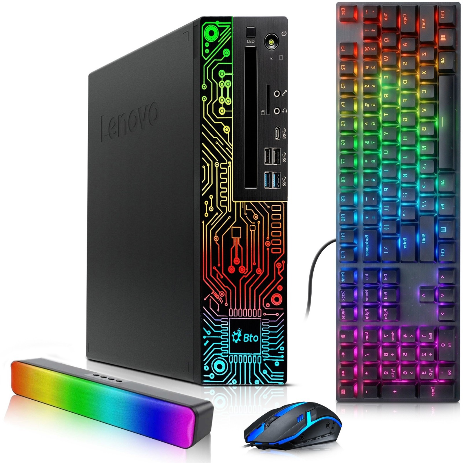 Lenovo RGB Gaming PC i5-8th 16GB 256GB SSD NVIDIA GT RGB K&M+Soundbar Windows 11